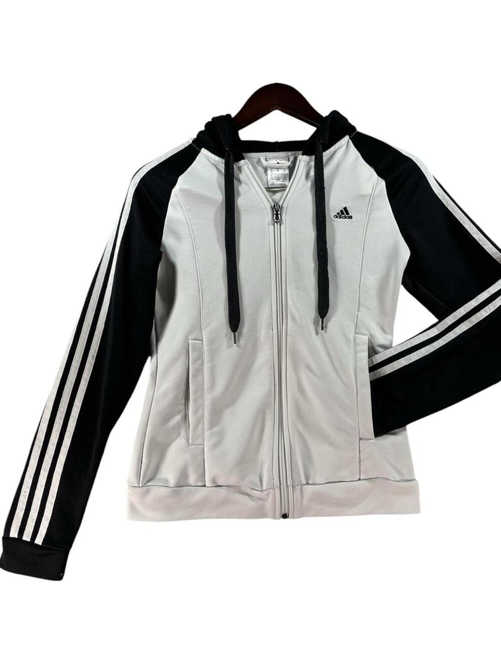Adidas Women's Black/White Zip Up Hoodie with Three Stripes on Sleeves